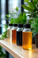 Glass bottles with colorful kombucha, tea, or juice drinks arranged on wooden shelf against green plant background, creating fresh healthy beverage composition.