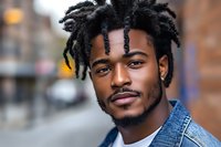 Young African American man with dreadlocks and facial hair wearing denim jacket, looking confidently at camera against blurred urban background.