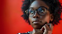 Young African American woman with natural curly afro hair and glasses in thoughtful pose against vibrant red background, perfect for beauty, fashion and lifestyle marketing.