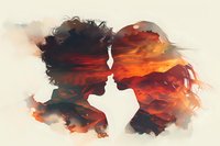 Double exposure silhouette of romantic couple about to kiss against dramatic sunset sky background, perfect for Valentine's Day cards, wedding invitations and relationship concepts.
