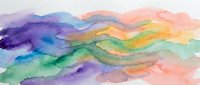 Colorful watercolor wash with flowing waves in purple, green, teal, orange, and pink tones on white paper, creating a vibrant abstract art background.