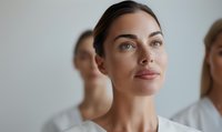 Young Mediterranean woman with natural makeup and confident expression wearing white, looking up with determination. Soft lighting creates professional atmosphere.