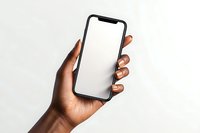 Hand holding modern smartphone with blank white screen mockup for app presentation and mobile interface design projects.