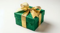 Green gift box with shiny gold ribbon bow on white background, isolated. Festive holiday present for Christmas, birthday, or celebration.