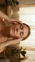 Relaxed woman receiving professional facial massage therapy treatment at luxury spa with warm natural lighting and peaceful atmosphere.