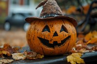 Festive carved pumpkin wearing brown witch hat surrounded by autumn leaves on ground, creating seasonal Halloween atmosphere with classic jack o'lantern smile.