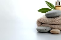 Spa wellness setup with stacked towels, smooth stones, green leaves and cosmetic bottle on white background for relaxation and beauty treatments.