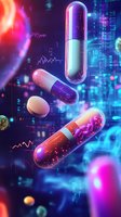 Glowing pharmaceutical capsules and pills floating in digital space with data visualization elements against neon blue and purple background for medical technology concept.