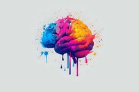Colorful brain illustration with vibrant blue, pink, and yellow paint splashes and drips on light background, representing creativity and cognitive function.
