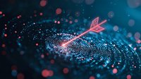 Glowing pink arrow piercing through digital fingerprint pattern on dark background with bokeh lights and particle effects, cybersecurity concept.