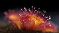 Vibrant red and yellow sundew plant with glistening dewdrops on tentacle-like structures against dark background, macro nature photography showing carnivorous plant details.
