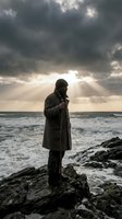Man standing on rocky coastline wearing dark coat, gazing at stormy ocean with dramatic cloudy sky and divine light rays breaking through clouds.