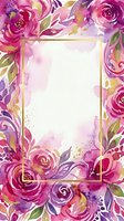 Watercolor floral frame with pink and purple roses, gold border, and white copy space for wedding invitations or greeting cards.