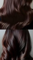 Luxurious dark brown wavy hair with glossy shine and smooth texture shown in two angles, demonstrating healthy, well-maintained locks for beauty and haircare advertising.