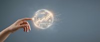 Hand holding glowing upward trending arrow graph icon with digital light particles, representing business growth, financial success, and data analytics for corporate presentations.