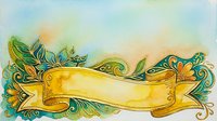 Ornate golden ribbon banner with decorative green and teal flourishes, botanical leaf elements, and swirling scrollwork on soft watercolor background. Isolated design element suitable for invitations, labels, and branding projects.