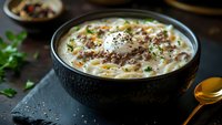 Creamy potato soup garnished with sour cream, crispy bacon bits, fresh herbs in black ceramic bowl on dark background, comfort food styling.