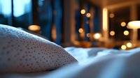 Cozy bedroom interior with soft white pillow and warm bokeh lights creating romantic evening atmosphere, shallow depth of field focus on bedding texture.