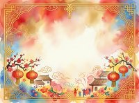 Festive Asian-inspired background with red lanterns, cherry blossoms, and ornamental gold borders on watercolor gradient. Suitable for holiday cards and celebrations.
