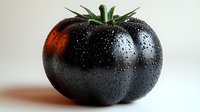 Black tomato with water droplets on white background isolated for healthy organic food design and culinary projects.