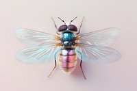 Iridescent fly with metallic rainbow body and transparent wings on soft pink background, isolated for creative design projects.