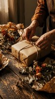 Elderly woman hands wrapping gift box with kraft paper and twine string surrounded by dried flowers on rustic wooden table in warm golden light.