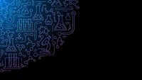 Science technology background with laboratory equipment circuit board pattern in blue neon lines on black for research innovation design.