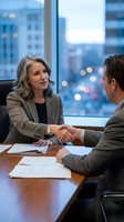 Mature woman with gray hair and man in business suits shaking hands at wooden conference table with city skyline view, corporate meeting and partnership agreement.