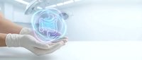 Medical professional holding holographic digestive system model in modern healthcare facility for gastroenterology education and treatment planning.