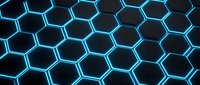 Glowing neon hexagonal grid pattern with bright cyan blue lines on dark background, suitable for tech and digital design projects.