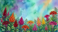 Vibrant watercolor garden with colorful celosia and marigold flowers on a dreamy green and purple sky background, great for wall art and cards.