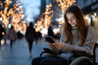 Young woman in wheelchair using smartphone on evening city street with festive Christmas lights and bokeh background, wearing cozy knit sweater.