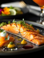 Grilled salmon fillet on black plate with sauce dots and herb garnish, fine dining presentation with vibrant orange fish meat and delicate microgreens.