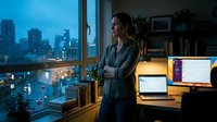 Thoughtful young Caucasian woman standing in home office at night, arms crossed, looking at rainy city view with laptops glowing nearby.