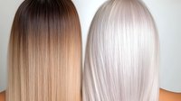 Comparison of two trendy hair colors - smooth ombre balayage transition from dark brown to honey blonde and platinum silver white hair color on straight long hair.