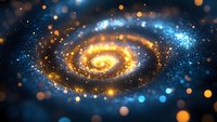 Glowing spiral galaxy with golden and blue luminous particles swirling in cosmic space, suitable for science fiction, astronomy, and digital art projects.