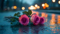 Pink roses lying on wet asphalt at dusk with bokeh city lights in background, creating romantic melancholic atmosphere for love stories.