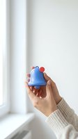 Woman hands holding blue notification bell with red dot symbol, social media alert concept, subscribe reminder on light background.