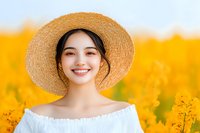 Young Asian woman in straw hat and white off-shoulder dress smiling brightly against vibrant yellow rapeseed flower field background on sunny spring day.