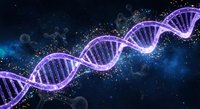 Purple glowing DNA double helix structure floating in deep space with stars and cosmic particles for genetics research and biotechnology concepts.