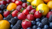 Fresh mixed berries and citrus fruits in vibrant colors including strawberries, blackberries, blueberries, and oranges arranged in appetizing composition for food photography.
