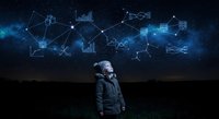 Young woman in winter jacket gazing at glowing network of connected data visualization icons against starry night sky for technology concepts.