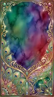 Watercolor gradient background transitioning from emerald green through purple to deep red, framed by ornate gold filigree border with peacock feather motifs and decorative flourishes. Suitable for invitations and artistic designs.