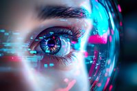 Close-up of human eye with digital technology effects, neon blue and pink glowing elements, futuristic cyberpunk style composition for tech concepts.