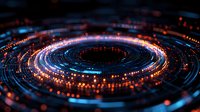 Glowing circular light trails with blue and orange neon effects create futuristic technology pattern against dark background, abstract digital visualization.