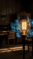 Vintage Edison bulb with glowing holographic medical icons and heartbeat monitor displaying healthcare technology innovation in modern clinical setting.