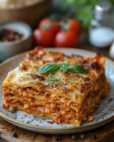 Traditional layered lasagna with meat sauce and melted cheese garnished with fresh basil leaves, served on rustic ceramic plate with tomatoes in background.