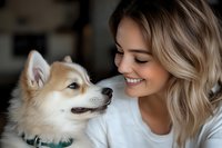 Happy young blonde woman bonding with adorable Shiba Inu puppy in cozy home setting. Pet ownership lifestyle and unconditional love between human and dog.