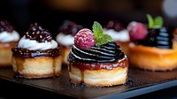Mini chocolate cheesecakes topped with whipped cream, fresh raspberries, mint leaves and chocolate sauce arranged on dark serving plate, selective focus macro shot.