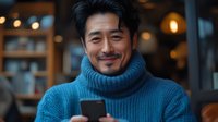 Smiling Asian man in blue turtleneck sweater using smartphone at cafe. Warm lighting creates cozy atmosphere for lifestyle and business communication concepts.